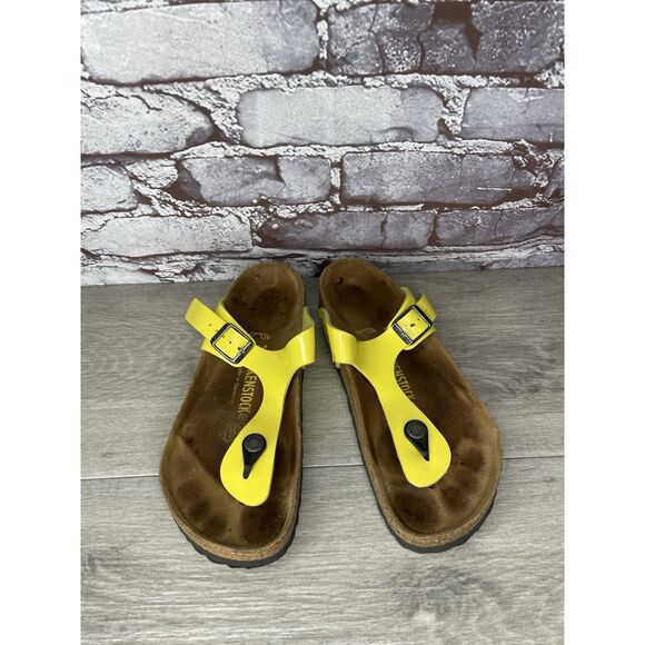 Birkenstock Gizeh Yellow Patent Leather Cork Slide Sandals Women Sz 37EU/6.5M US - Picture 4 of 16